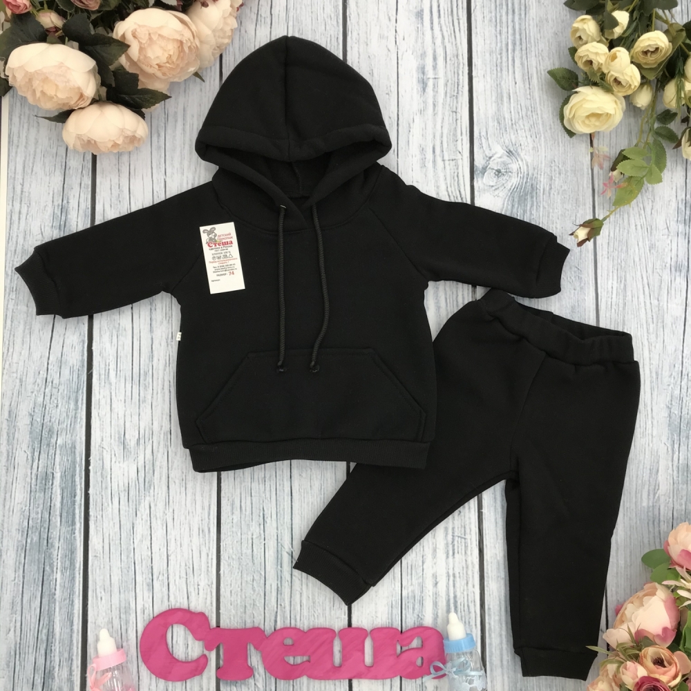 296-Ч. Свитшот с капюшоном + Штаны, хлопок 65%, 35% ПЭ, 3-х нитка (начес) черный 98,104,110,116